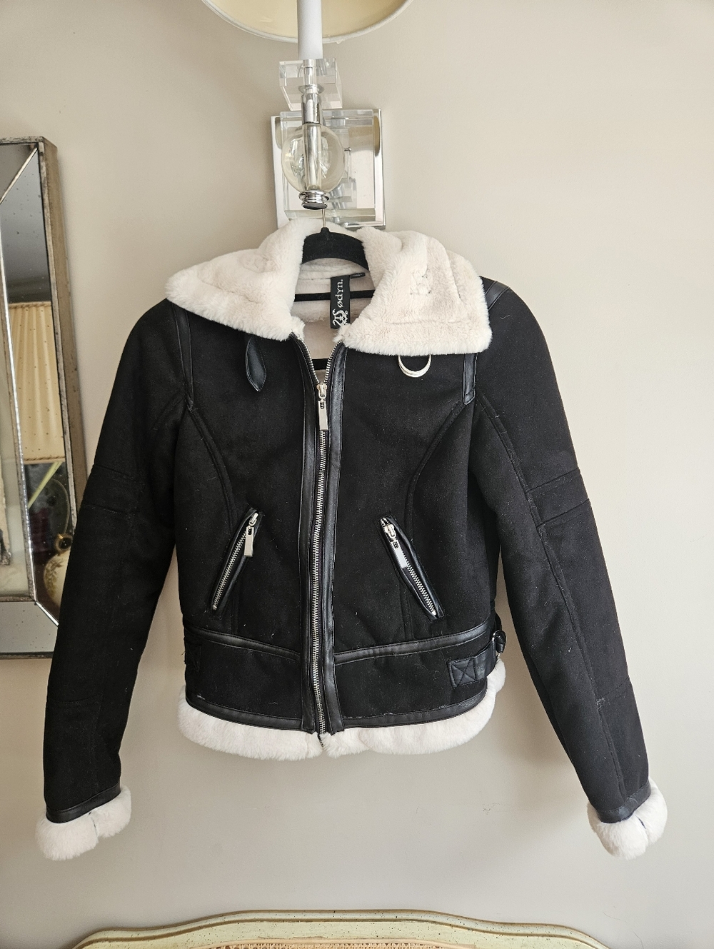 Black Shearling-Lined Zip Jacket with White Faux Fur Collar - Size XS